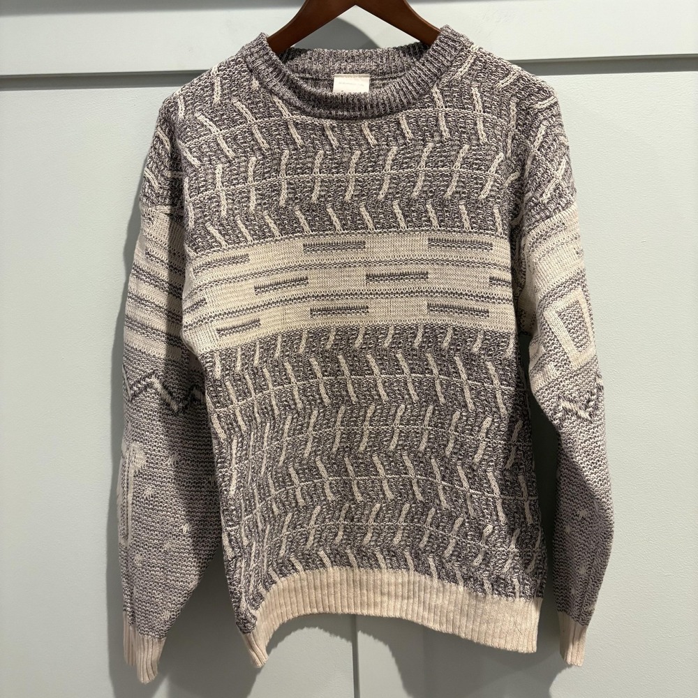 Vintage Generra Sweater‎ 80s 90s Textured Knit Ramie Cotton Gray Cream Hong Kong